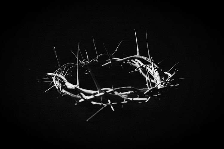 A black and white photo of a circlet of woven-together branches that have very large, nasty thorns.