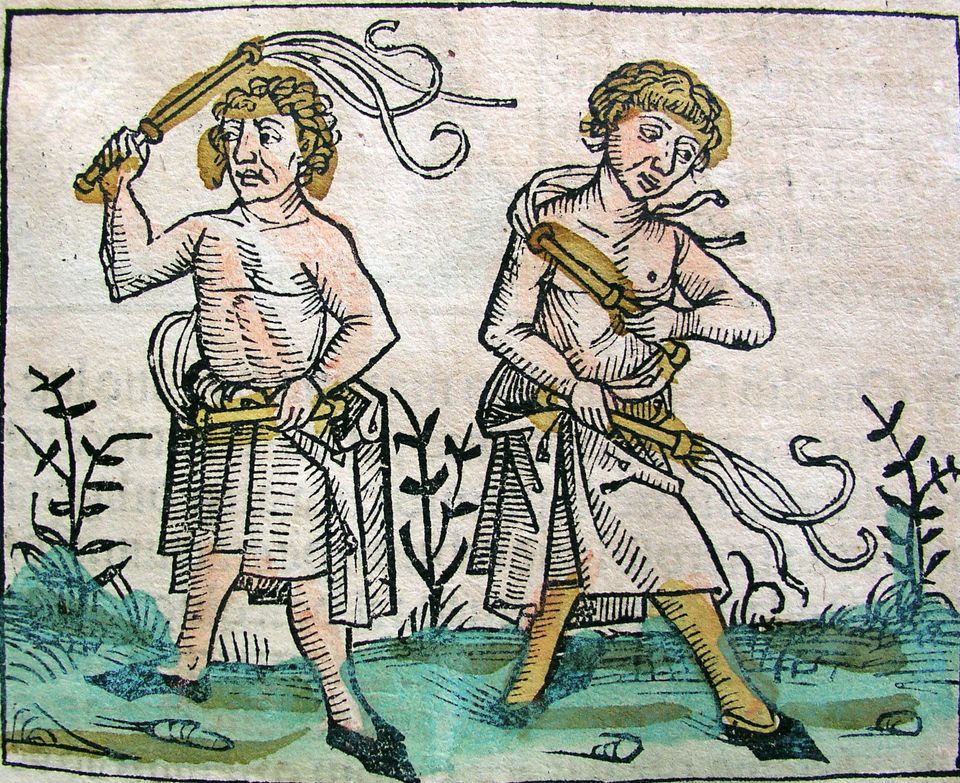 A colored woodcut illustration of two men stripped to the waist, flogging themselves.