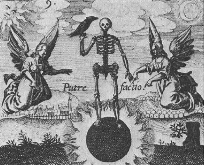 A skeleton holds a raven and stands on a solar shape with a blacked out center, flanked by angels and the word "Putrefactio."