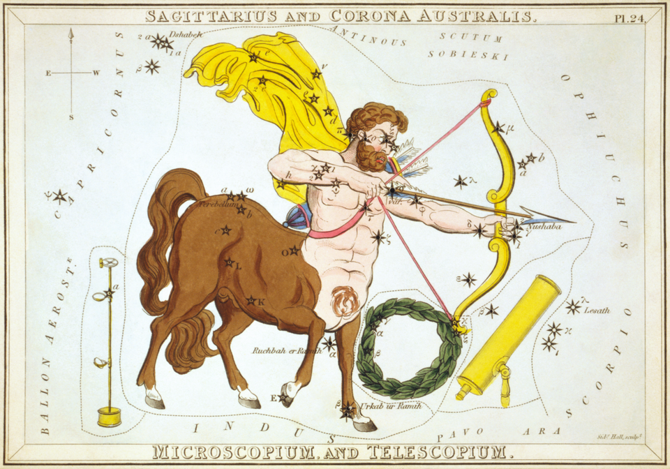An old-fashioned illustration of the constellation Sagittarius overlaid by a centaur archer.