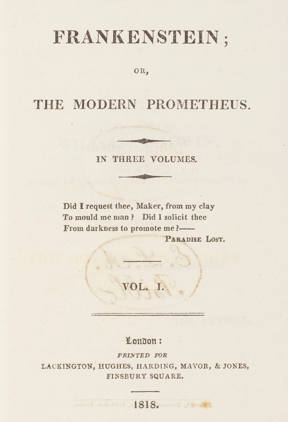 A weathered, old printed page that reads, "Frankenstein; or, The Modern Prometheus, in three volumes," followed by a Paradise Lost quote and publisher info.