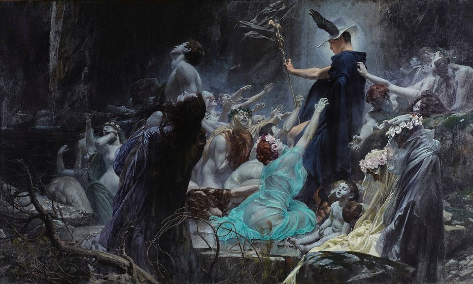 An eerie painting of ghostly human figures teeming in a dark environment, clutching at the cloak of a man with a winged helmet and caduceus.