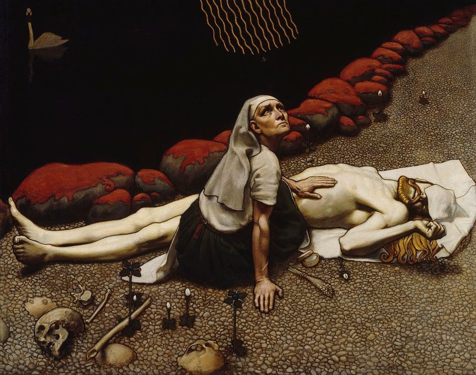 A colorful tempera painting. A woman in a kerchief waits over the naked body of an adult man, on a riverbank.