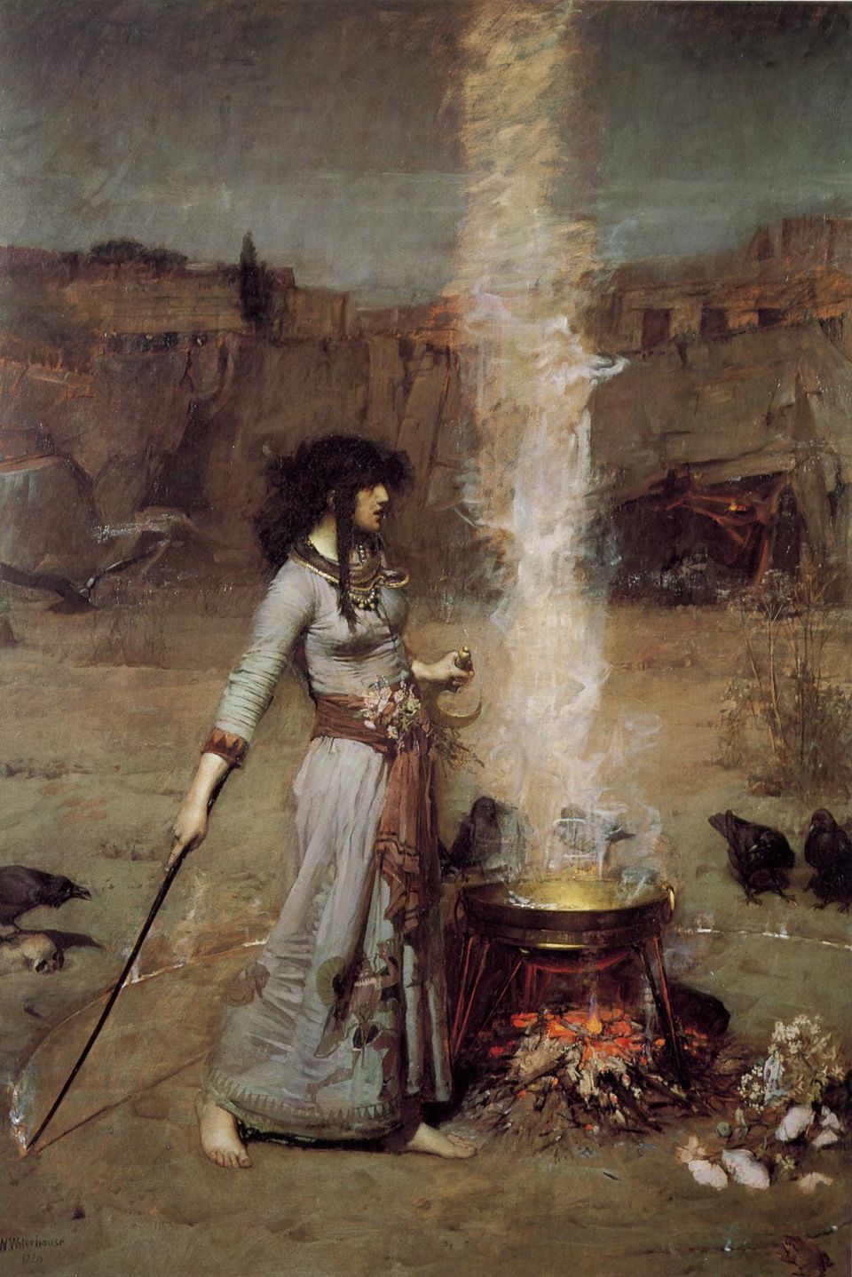 A woman with thick black hair and a long grey dress stands before a metal basin heated by a fire, from which smoke rises. She holds a wand and a sickle.