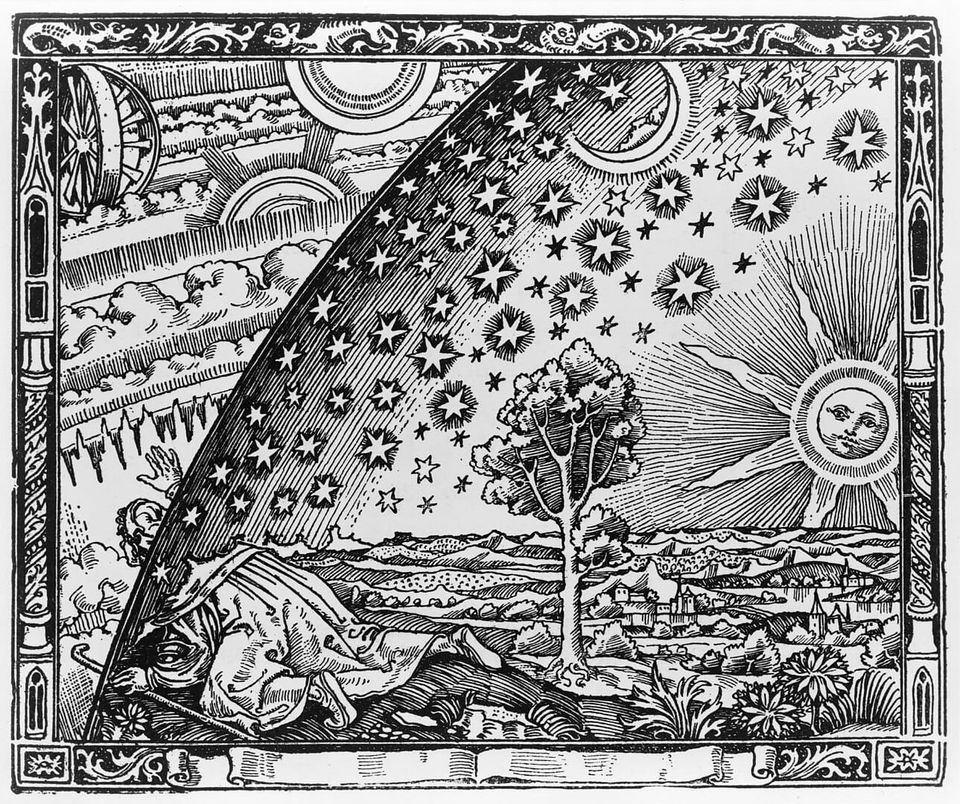 A black and white engraving: a robed person crawling and passing through a boundary on the horizon where their world of trees, buildings, and celestial objects gives way to abstract textures.