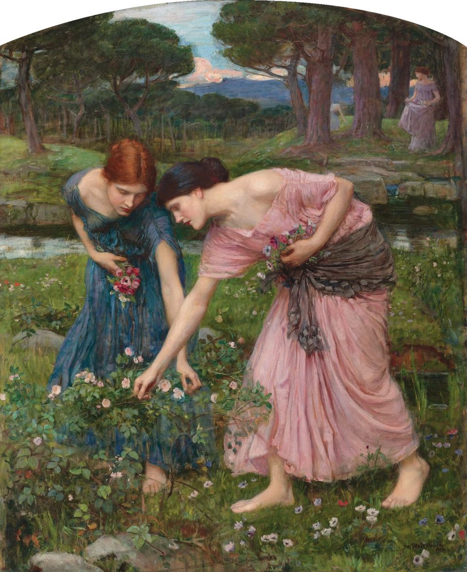 Two pale-skinned young women, one with black hair and one with red hair, both wearing colorful dresses, pick roses in a pastoral setting.