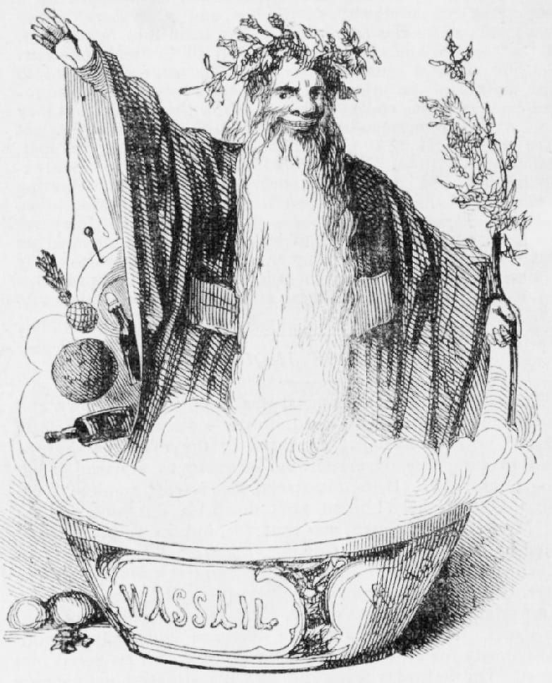 A man with a long white beard and loose robes rises up from a steaming bowl labeled witih the word "Wassail." He wears and bears holly.