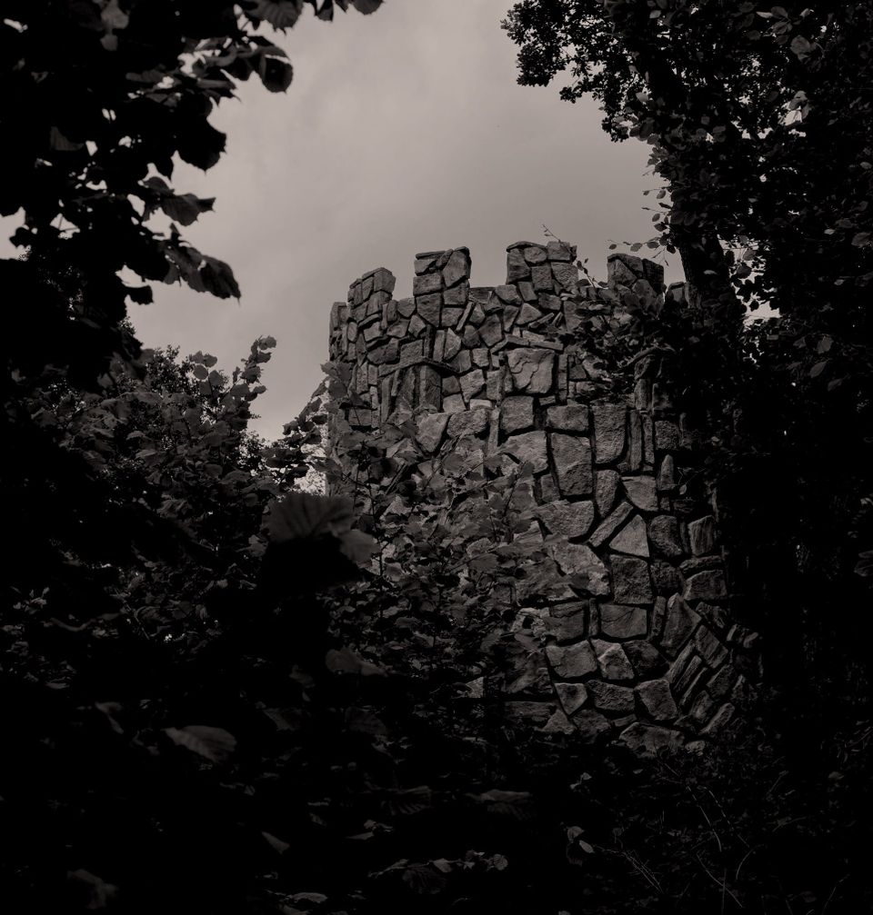 A castle turret with irregular masonry. It's viewed between trees. Image is monochrome.