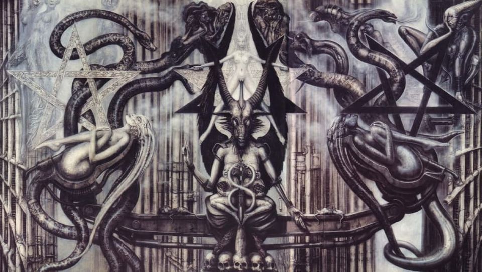 A relatively monochromatic image of a Baphomet-like figure seated with a caduceus and surrounded by reptilian women, with two pentagrams, one inverted.