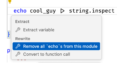 A screenshot showing the code action to remove all `echo`s from this module.