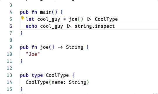 A gif showing using a Gleam code action to convert a line of piped code into a function call. 