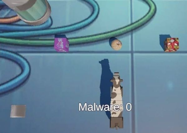 A server room floor with a cow inspecting packets for malware. Metalic teleport tile object in the left corner.