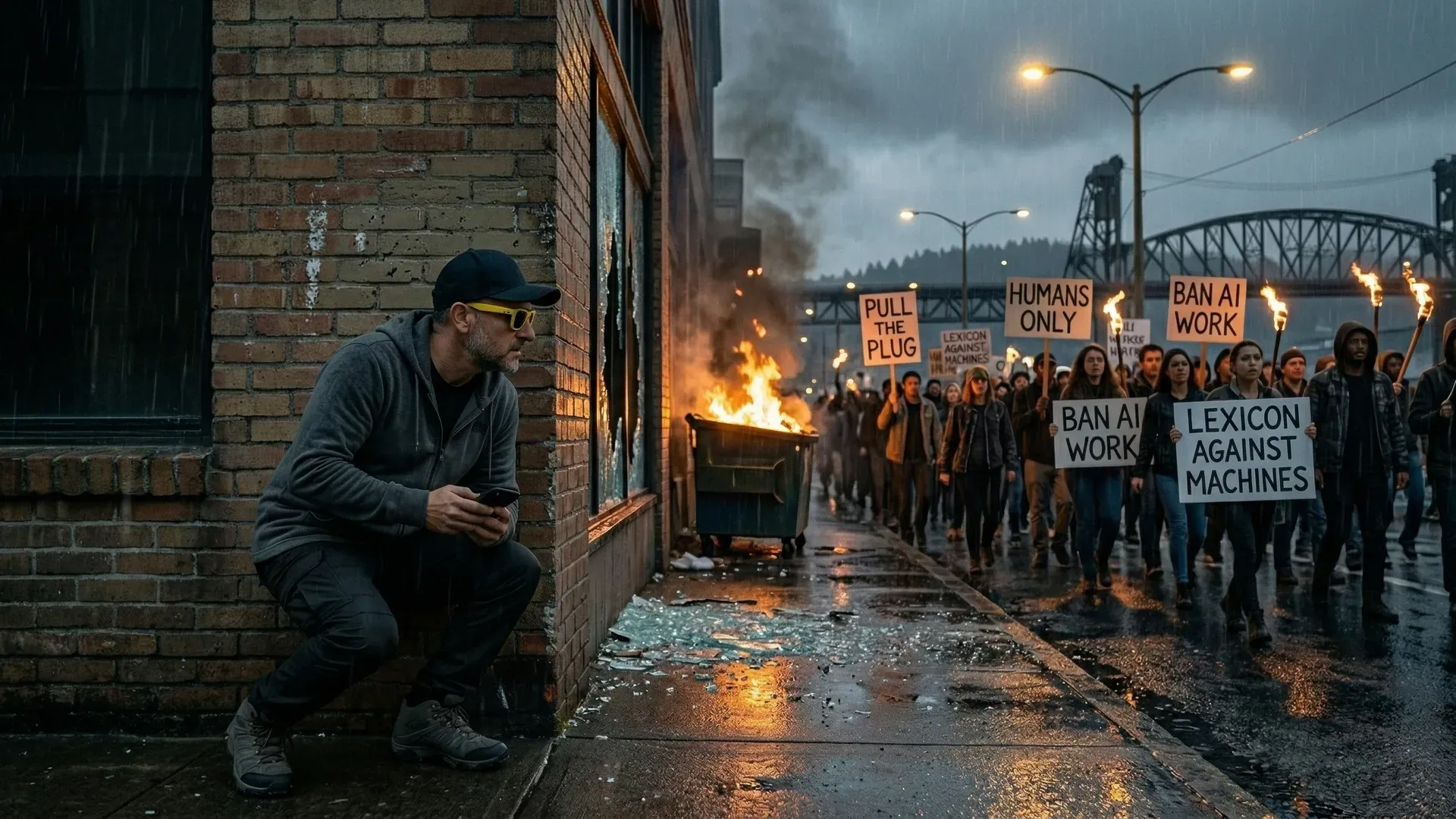 Angry protesters holding anti-AI signs and banners at a demonstration, showing intense opposition to artificial intelligence technology