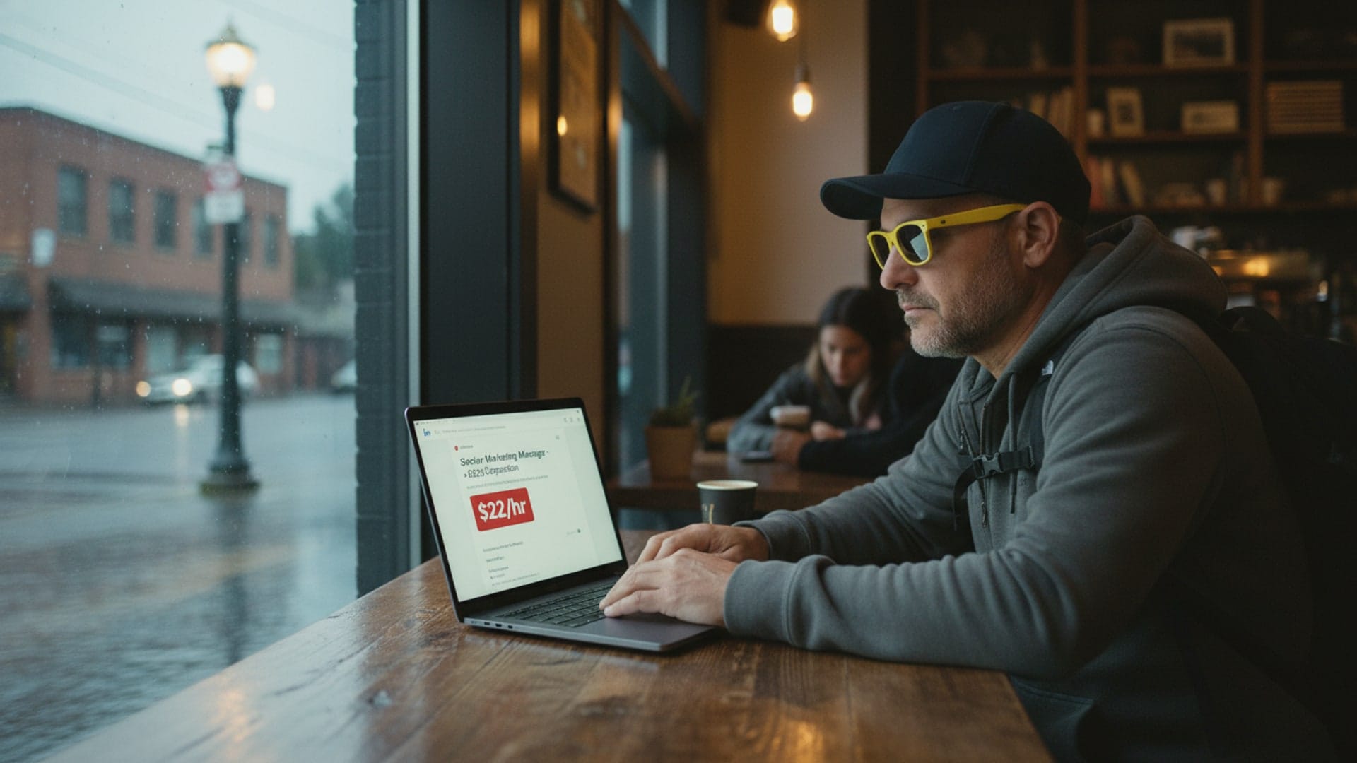 Marketing manager working at computer with declining job market charts and automation tools in background