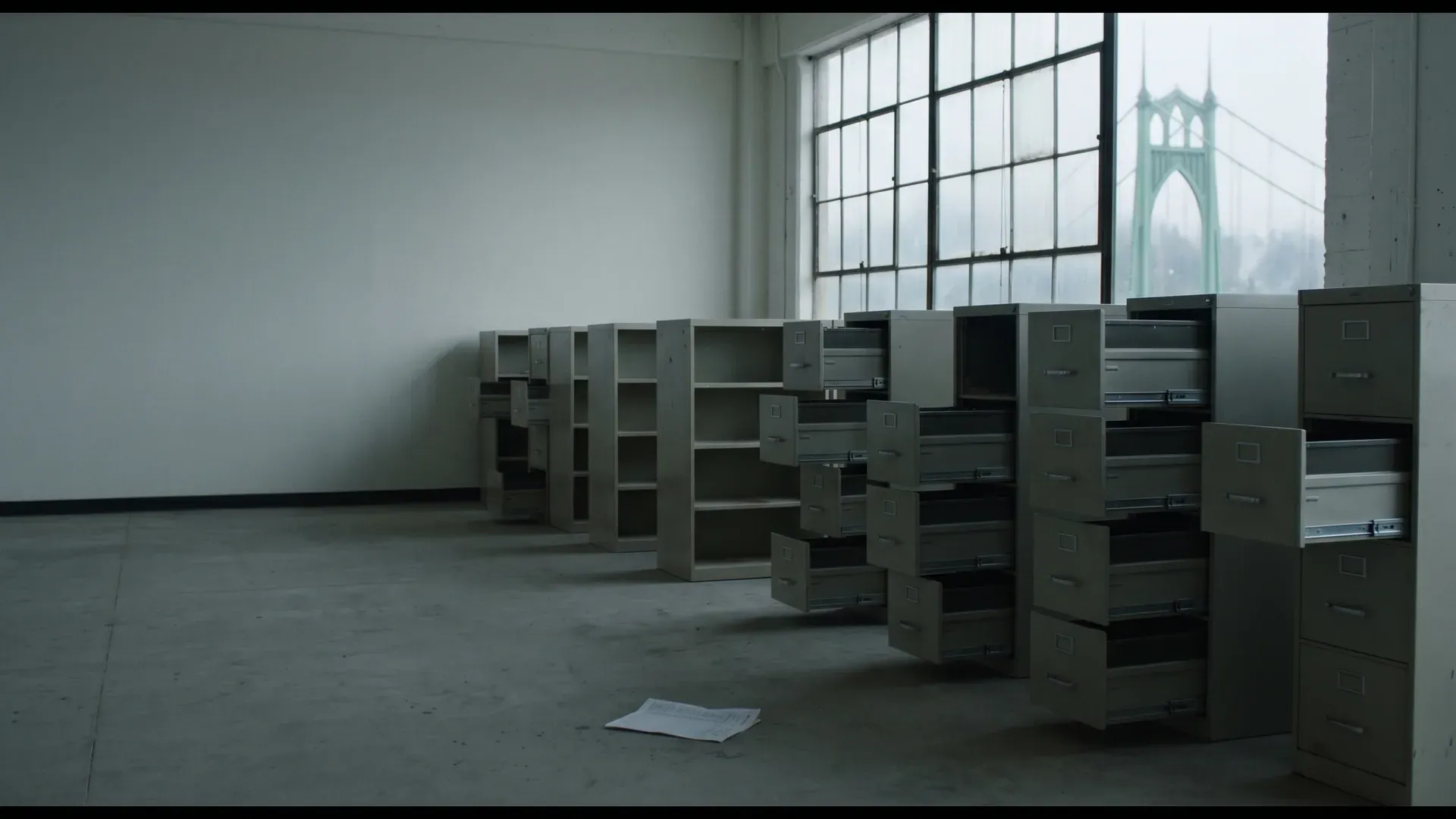 AEGIS operatives discovering an empty archive room inside a cathedral bridge administrative complex