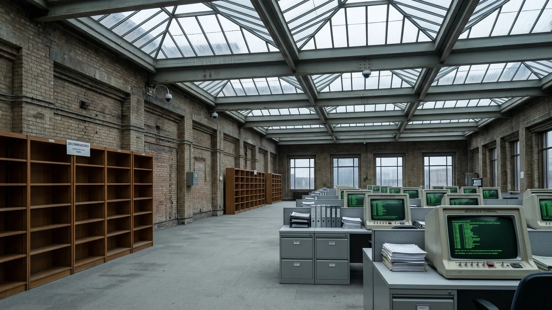 Rows of empty public research desks being replaced by AEGIS administrative office cubicles and staff