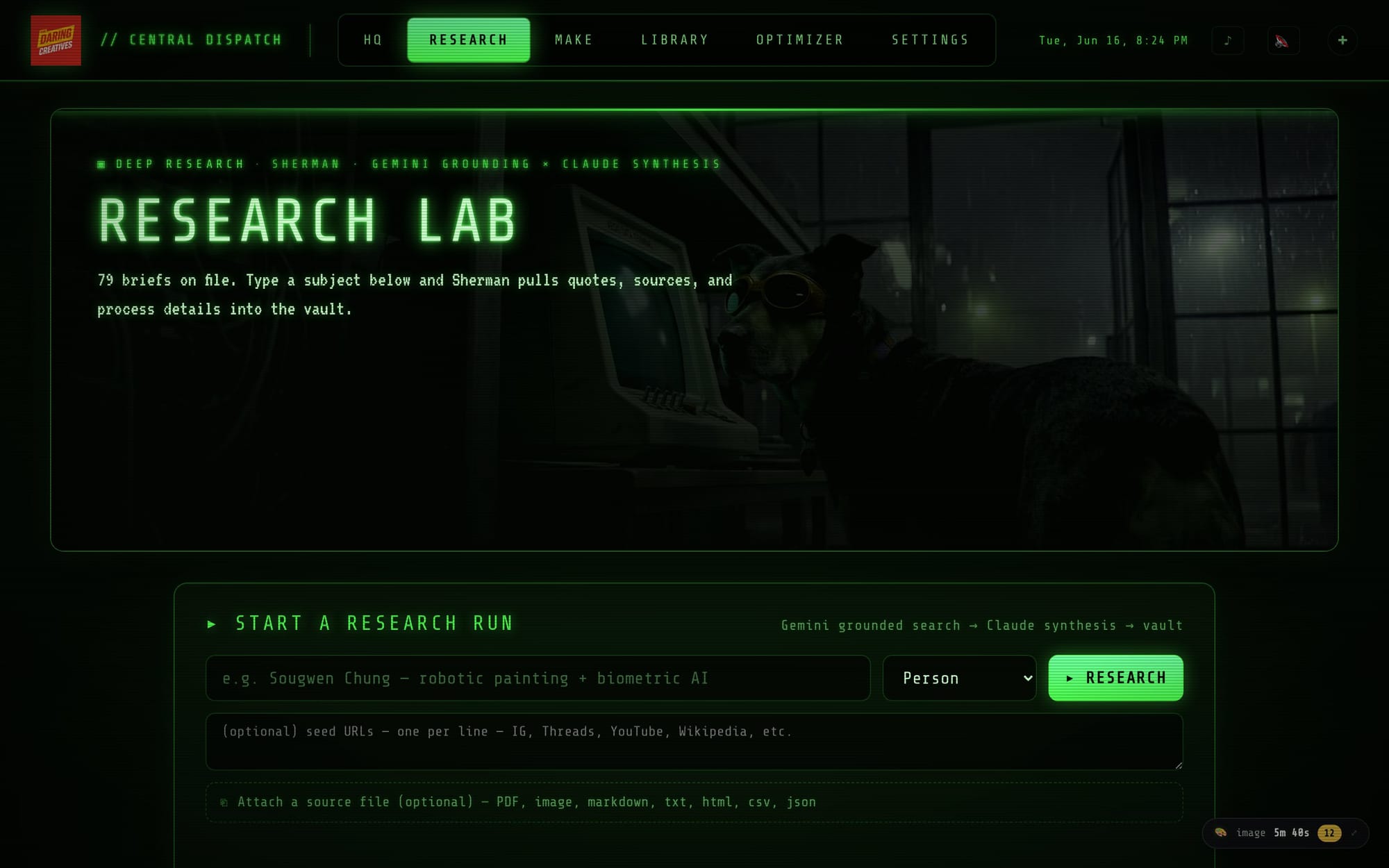 The Research Lab in the Command Center: Gemini grounded search feeding Claude synthesis into the vault
