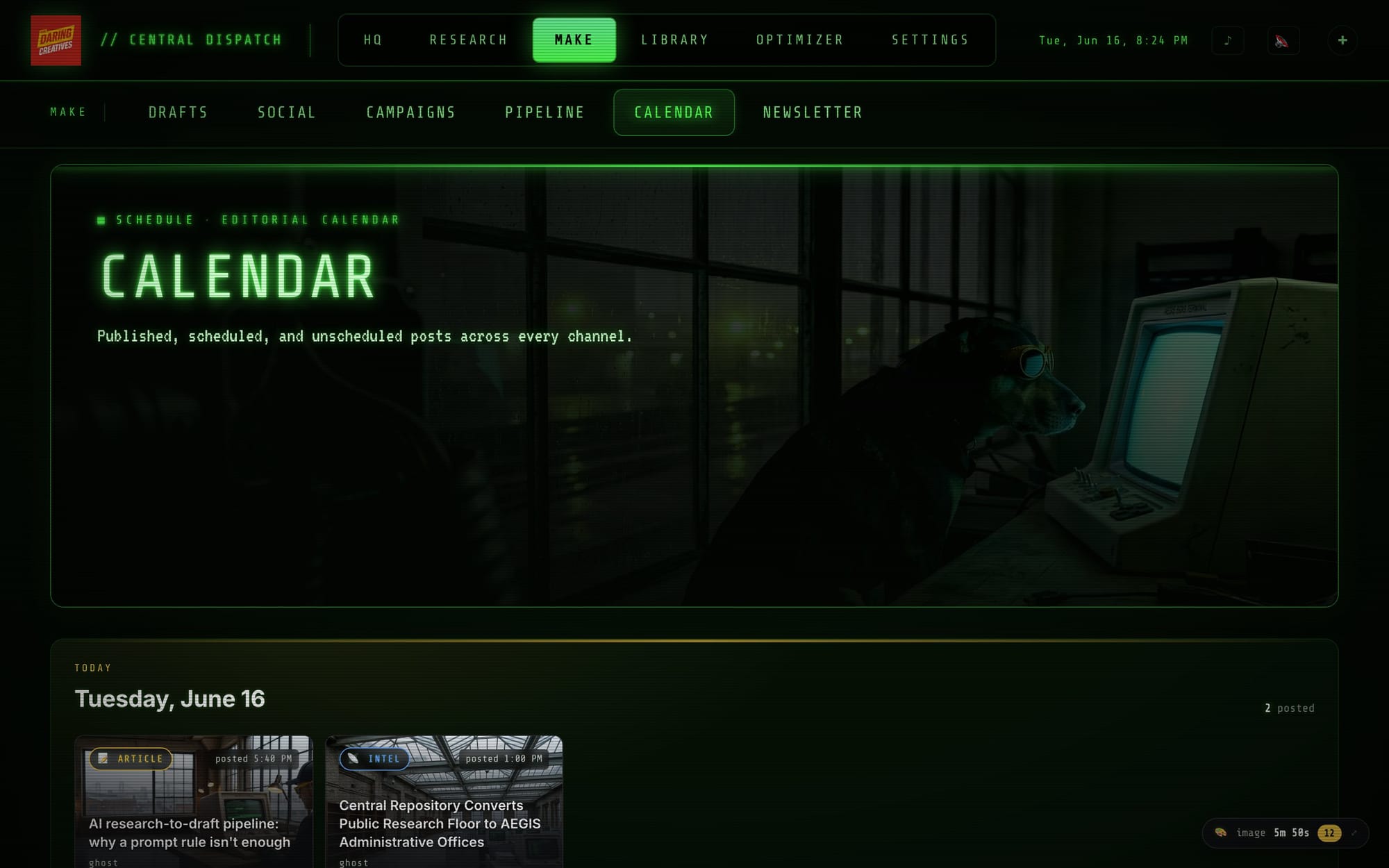 The editorial calendar in the Command Center showing published and scheduled posts