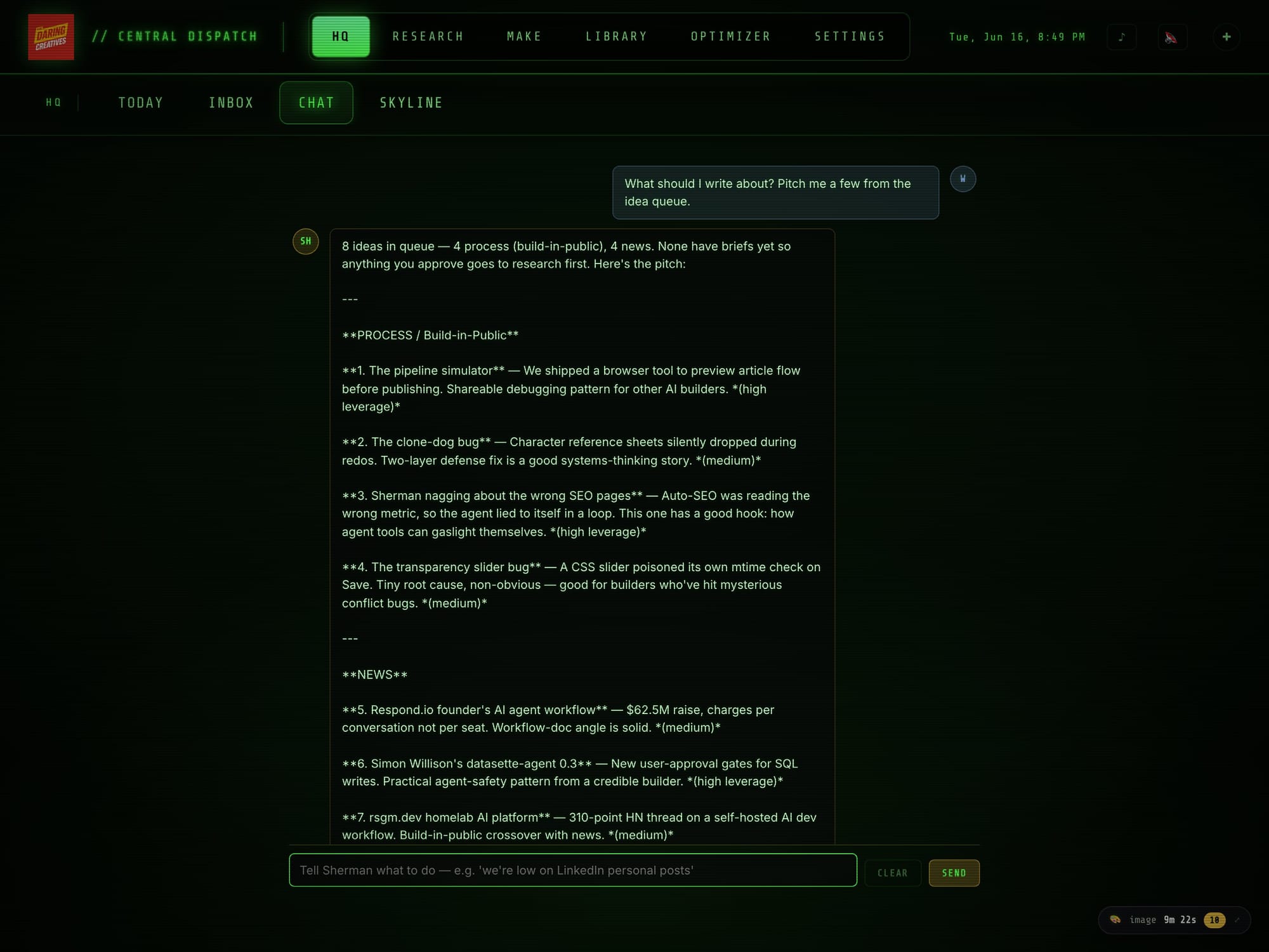 Sherman pitching content ideas from the morning queue in the Command Center chat