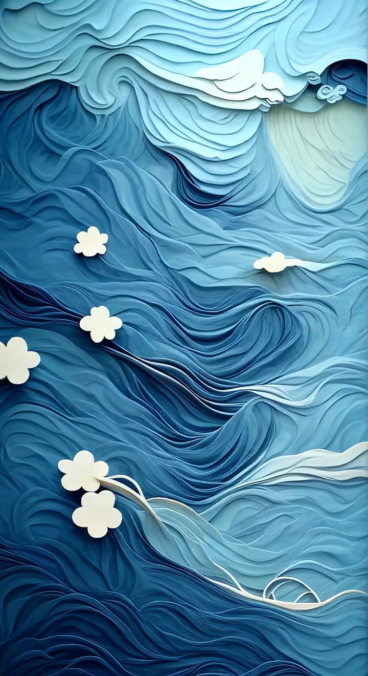 Ocean waves rendered as layered paper — style transfer frame by James Gerde