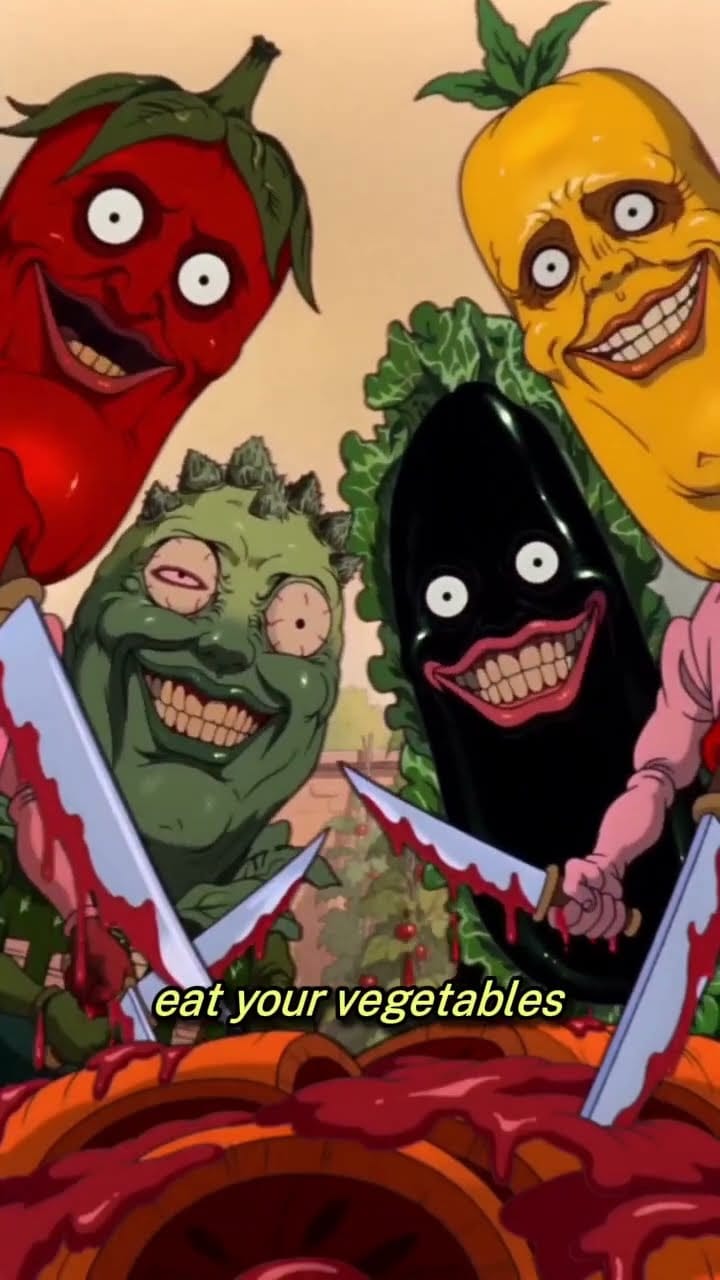 Cel-animated vegetables with human teeth holding knives, subtitled &ldquo;eat your vegetables&rdquo;
