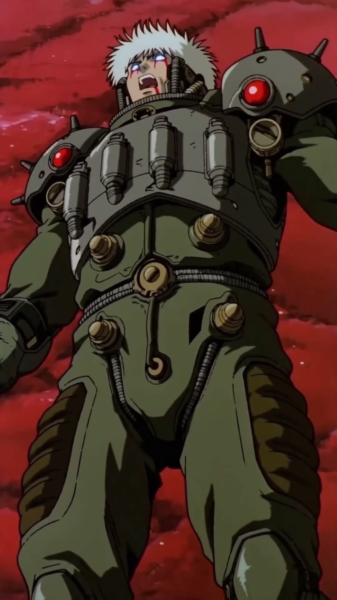 Cel-animated armored figure screaming against a red sky, in the style of an 80s OVA