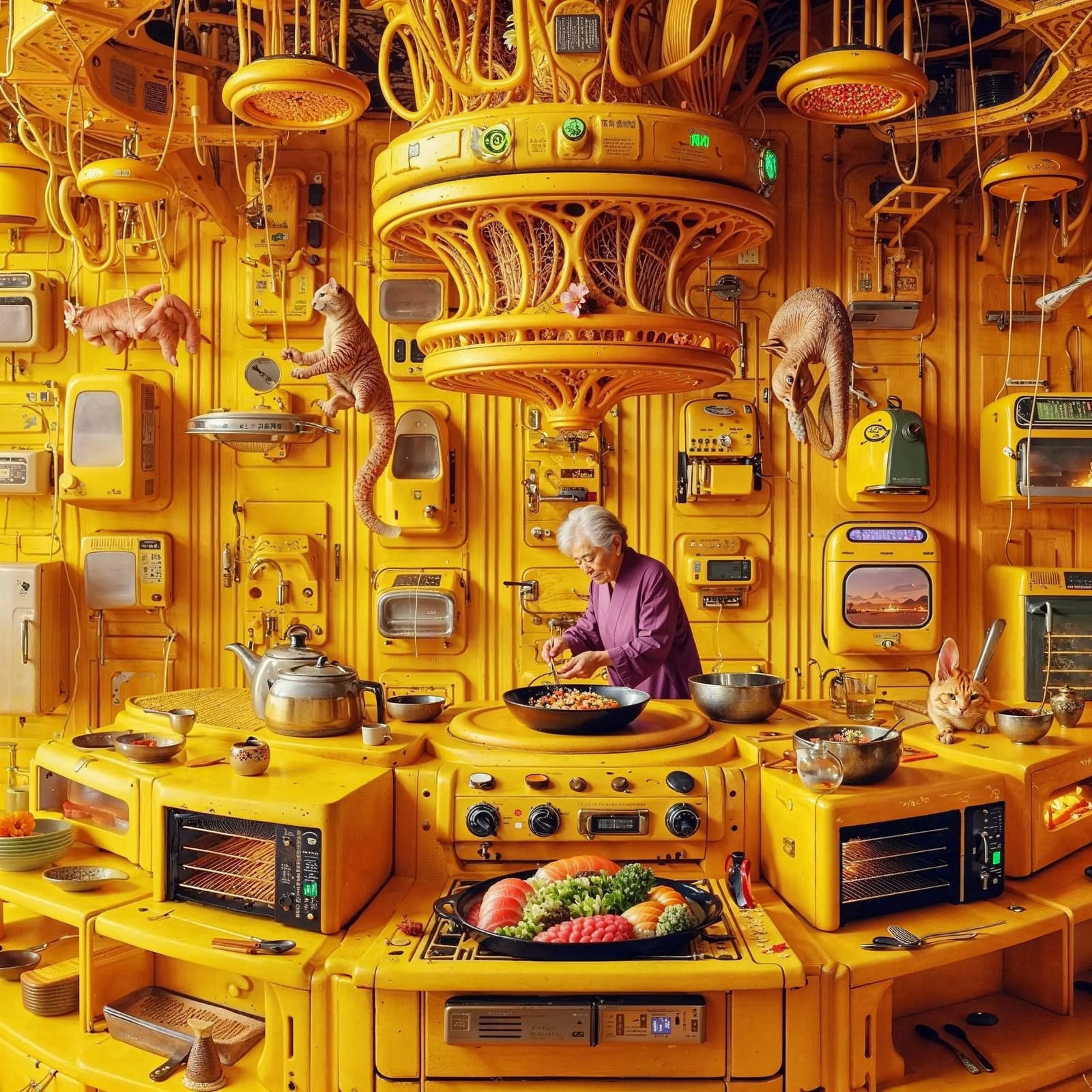 An all-yellow kitchen packed with appliances and pipes, an older woman in purple cooking at the centre