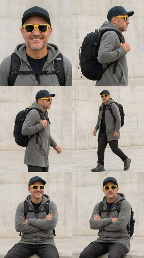 Character sheet of The Man in Yellow Sunglasses: the same character in six consistent poses — front, profile, walking, and arms crossed — in a black cap, yellow sunglasses, and a gray hoodie.
