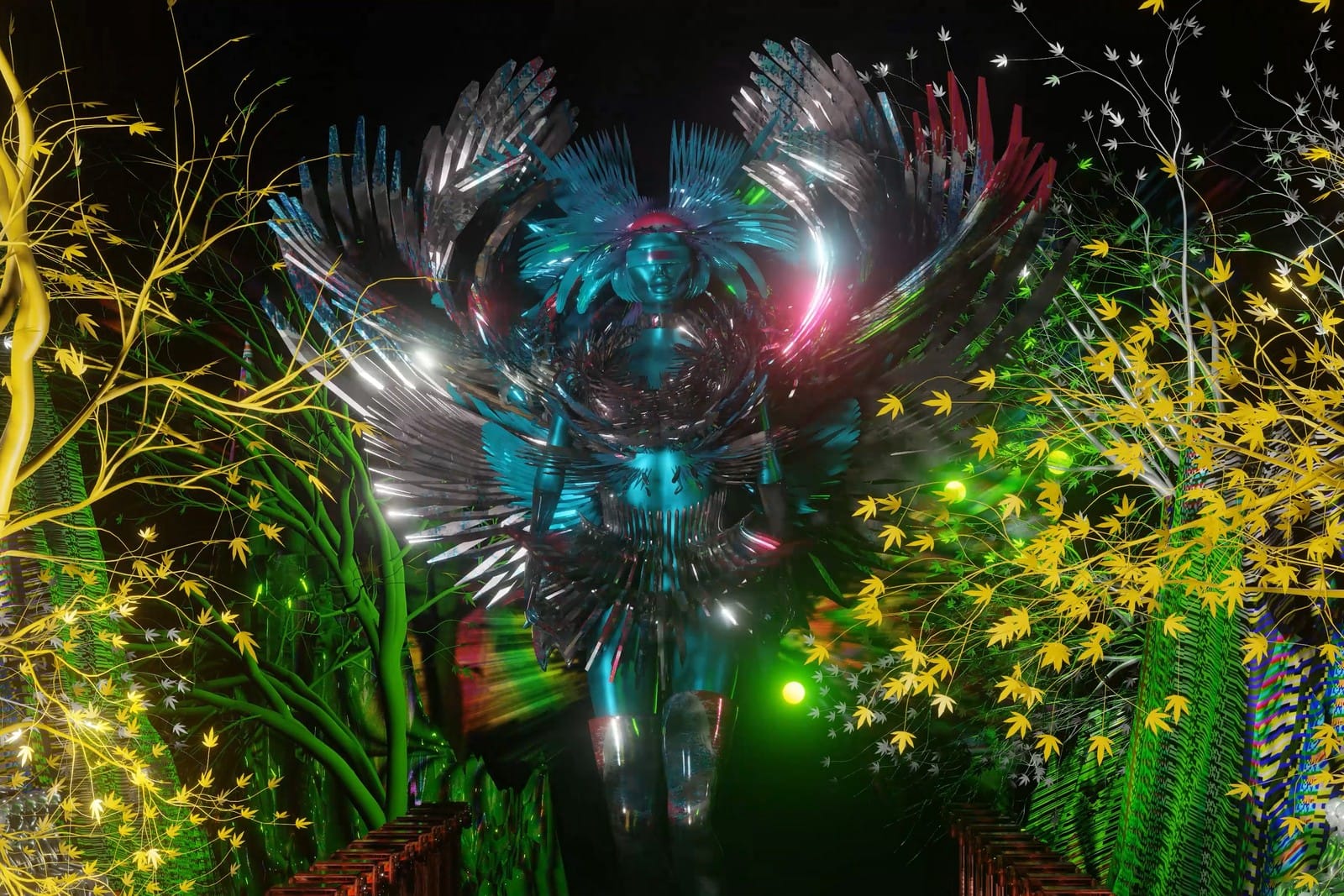 A luminous fractured figure surrounded by teal and yellow floral bloom against darkness