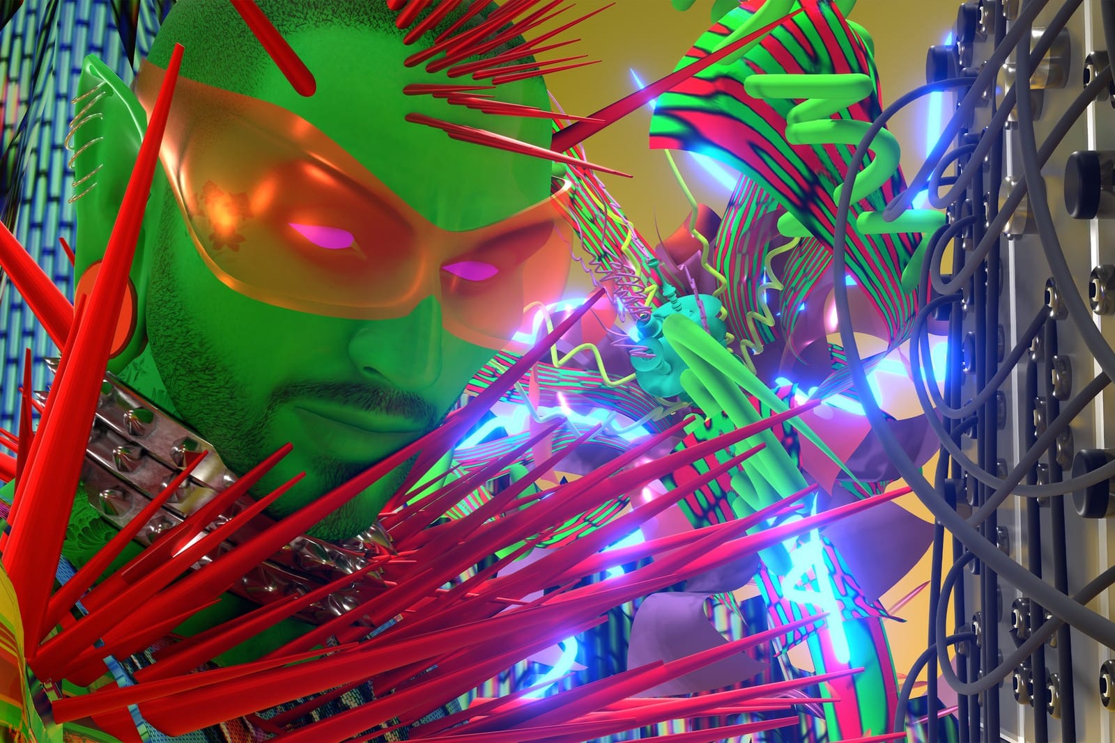 A green-skinned masked figure amid red spikes and neon scaffolding