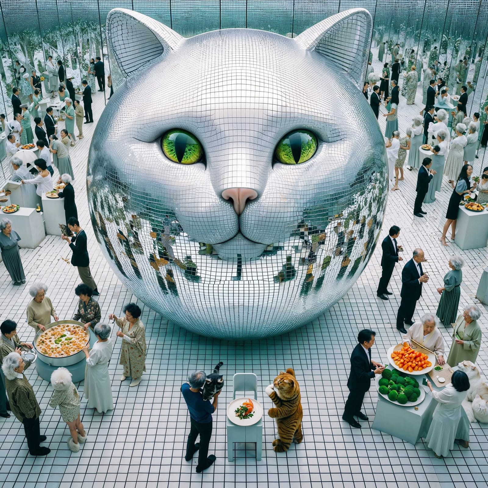A mirror-tiled cat head the size of a building sitting in a courtyard full of people at a garden party