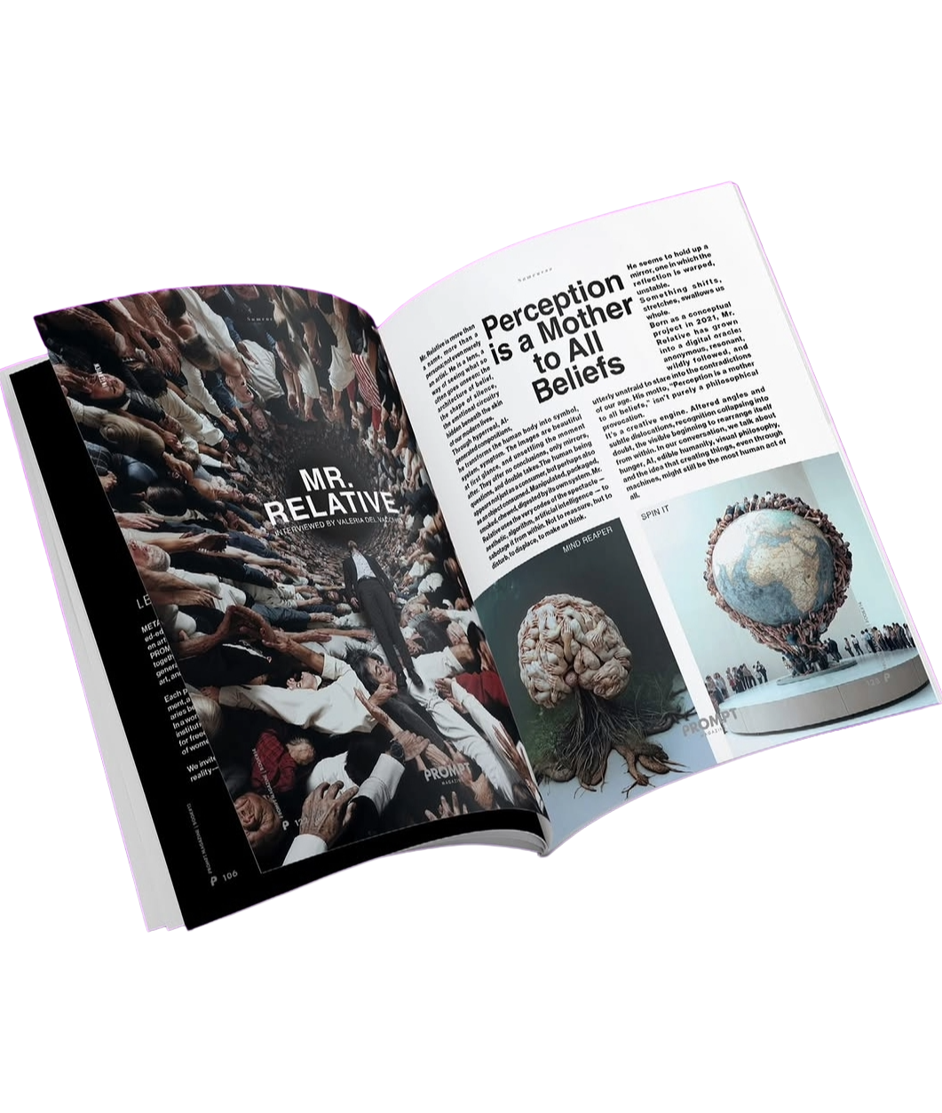 Mr. Relative's work featured across a Prompt Magazine spread, showing several 'This is Humanity' pieces