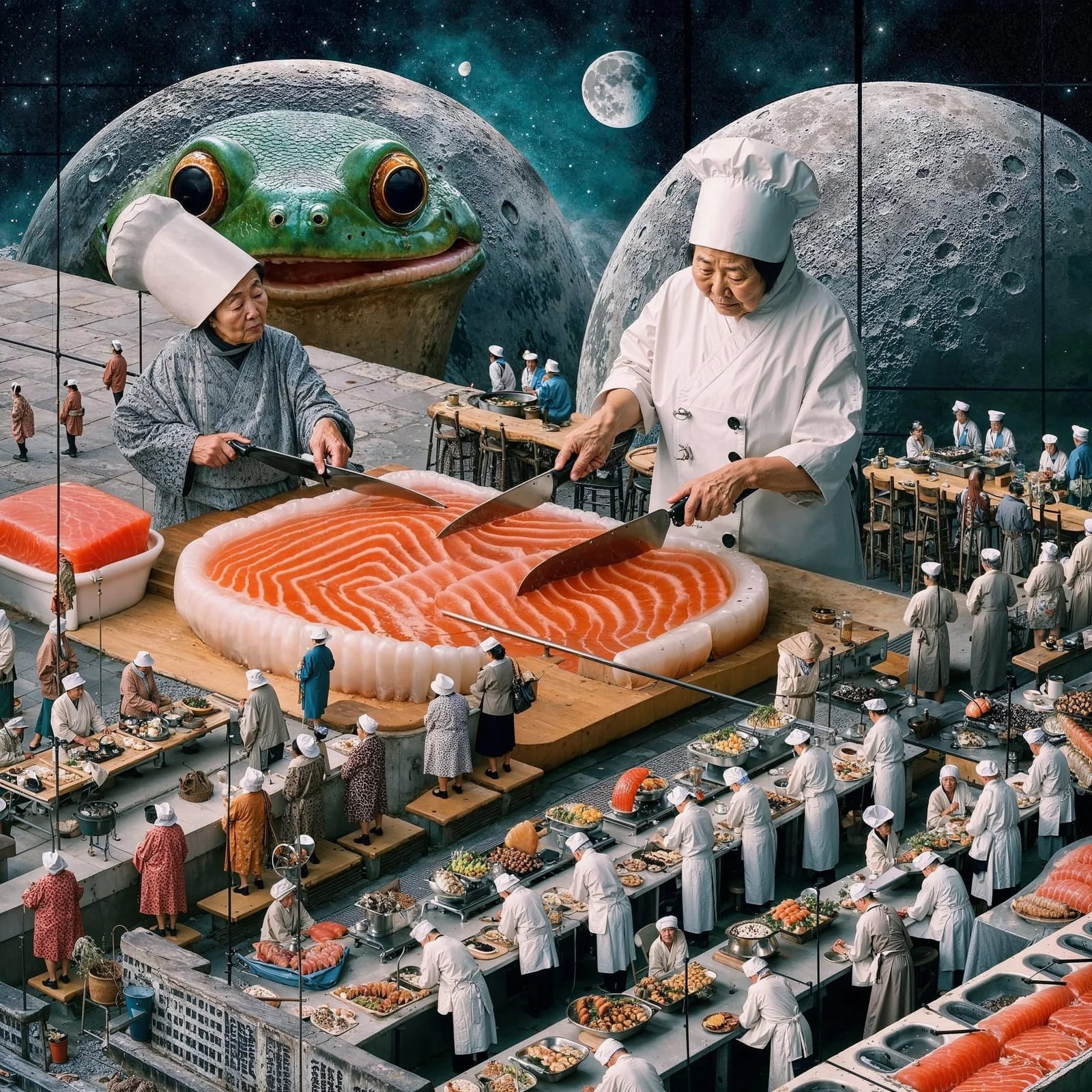 Two older women in chef's whites slicing an enormous salmon fillet under two moons, with a giant frog behind them
