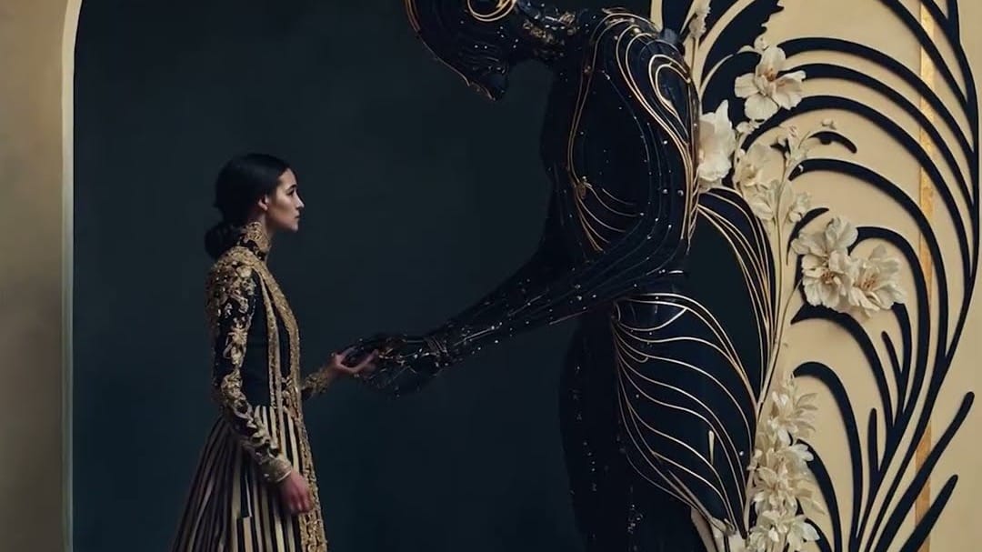 BRAINRACKED sci-fi artwork — a woman in a gold-embroidered gown facing an ornate black-and-gold robotic figure before a floral art-nouveau wall