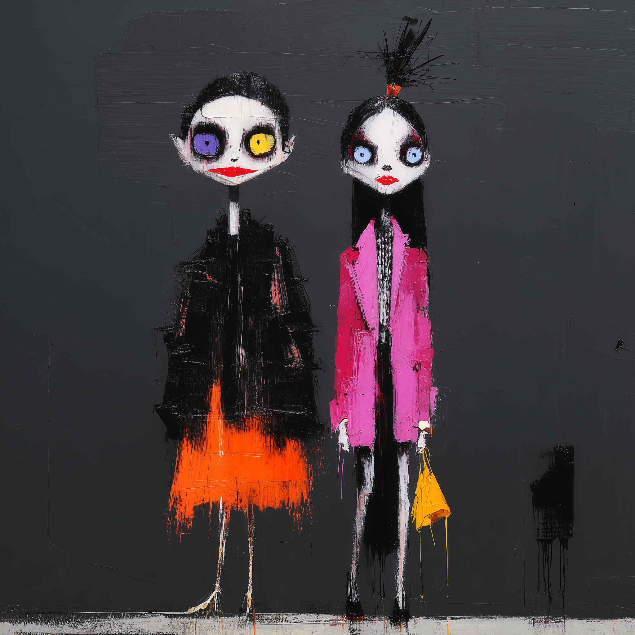 Two gothic surrealist AI-generated figures in dark and vivid-coloured clothes, facing the viewer — from Manuela Klauser's Goth Pop Rebellion series