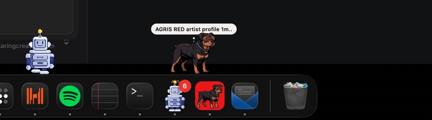 Sherman the pixel dog pacing on the macOS Dock with a small thought bubble beside him reading the subject of the note he is working on