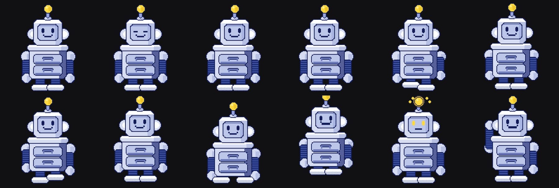 Twelve frames of the Daring Strategy pixel robot laid out in two rows: idle, blinking, looking around, walking, sitting, hopping, alert and dancing