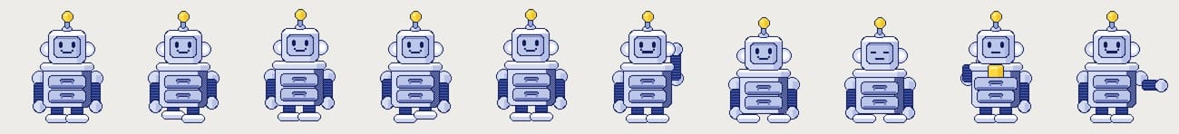 Ten frames of the pixel robot in a row: standing, four walking poses, waving, sitting, sleeping, reading, and pointing