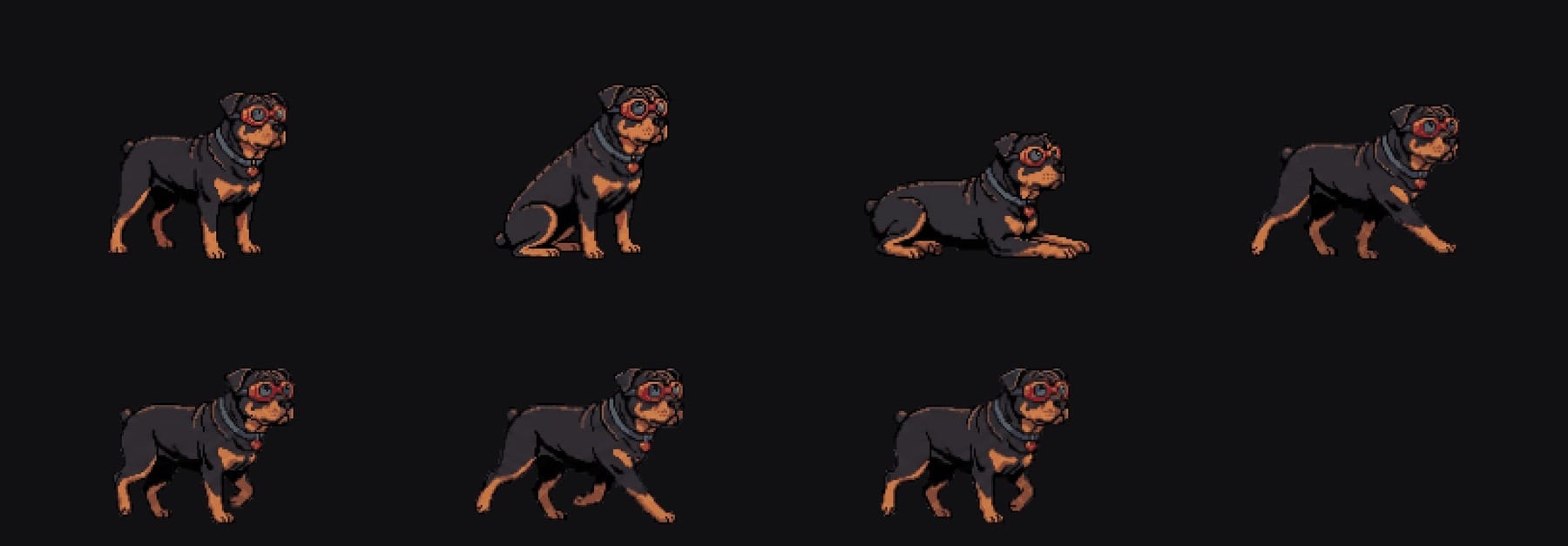 Sherman's seven sprite frames in two rows: standing, sitting, lying down, and four walking poses