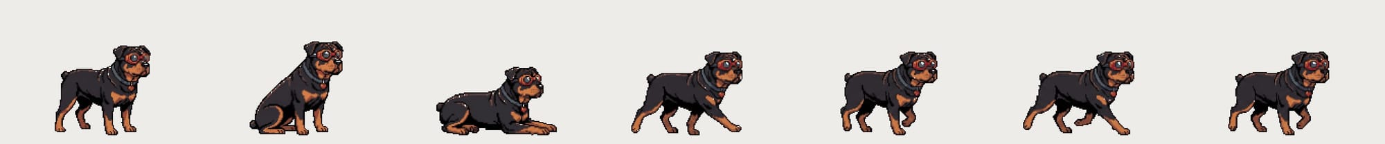 Sherman's seven sprite frames in a row: standing, sitting, lying down, and four walking poses