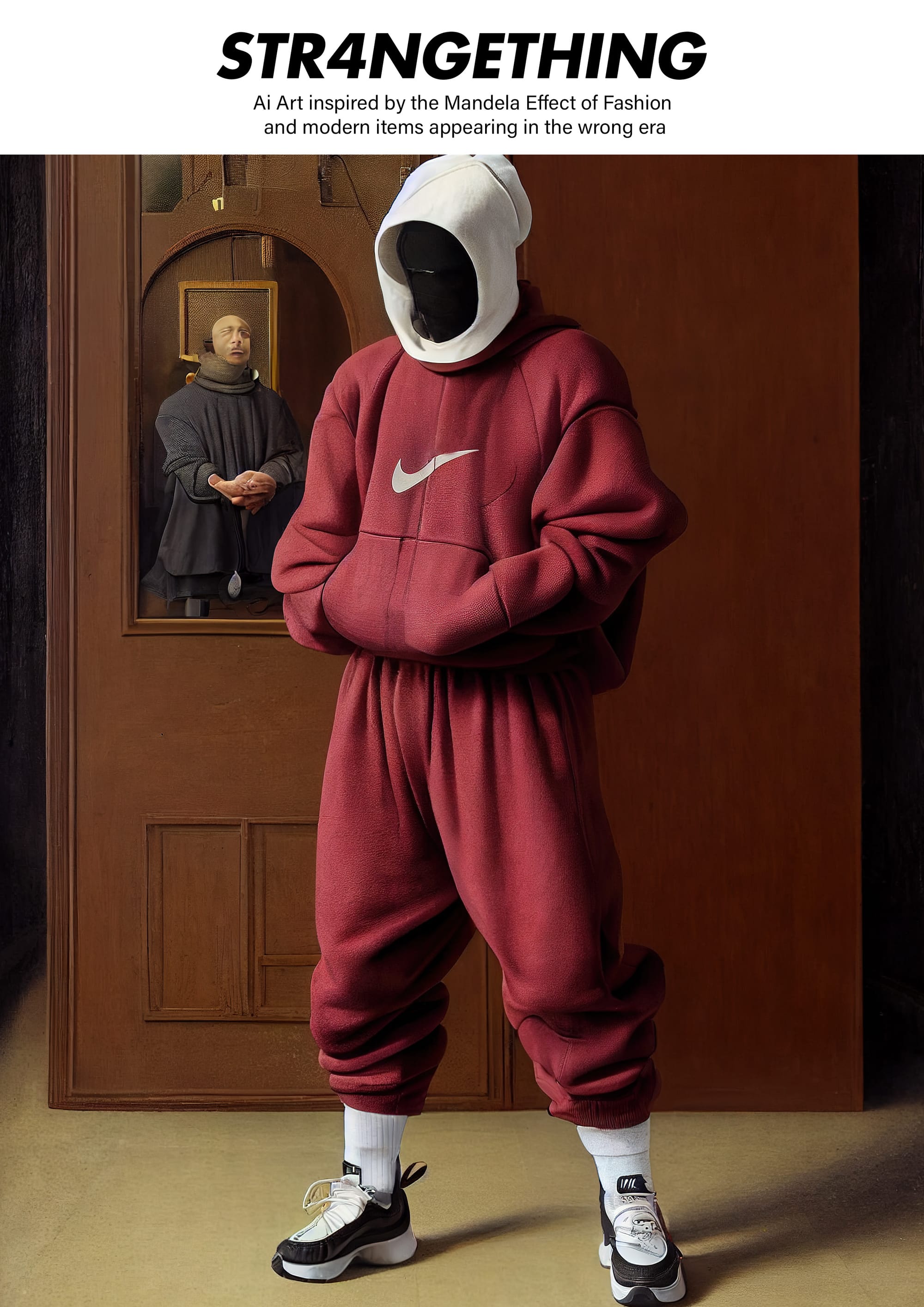 STR4NGETHING artwork: a figure in a maroon Nike sweatsuit posed as a Renaissance portrait in a doorway