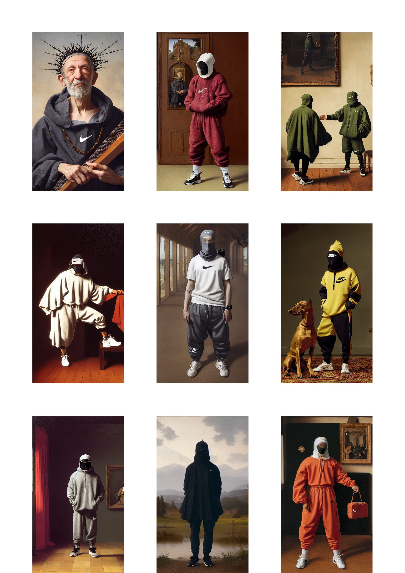 A grid of nine STR4NGETHING works: Renaissance figures in modern Nike streetwear