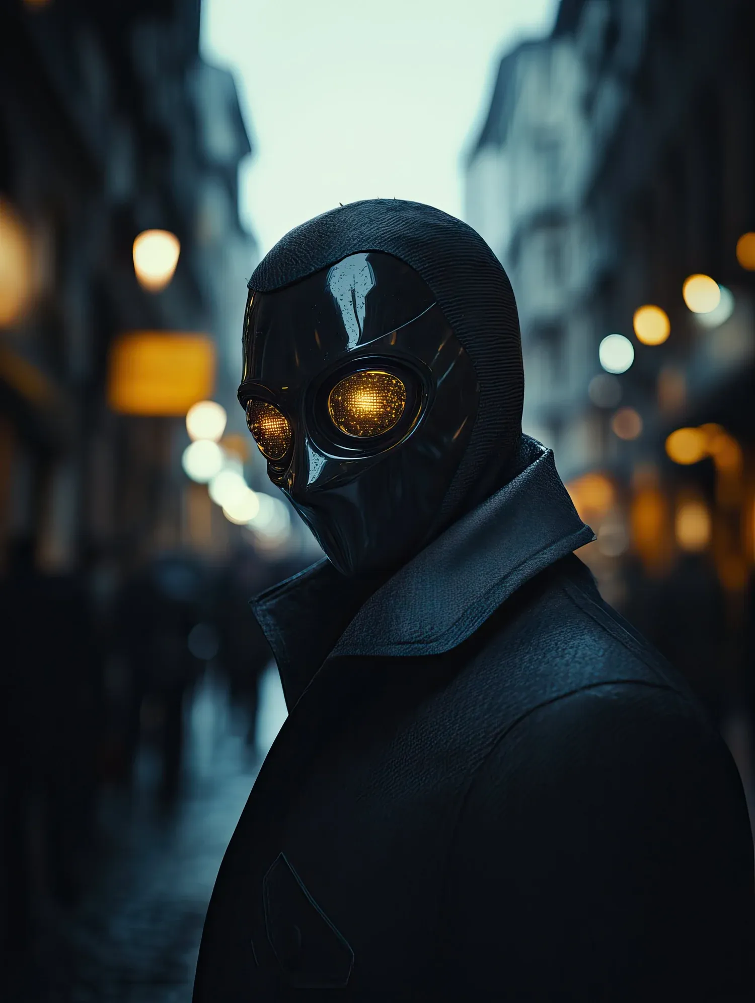 Masked figure with glowing eyes on a dusk street — The Visual Dome