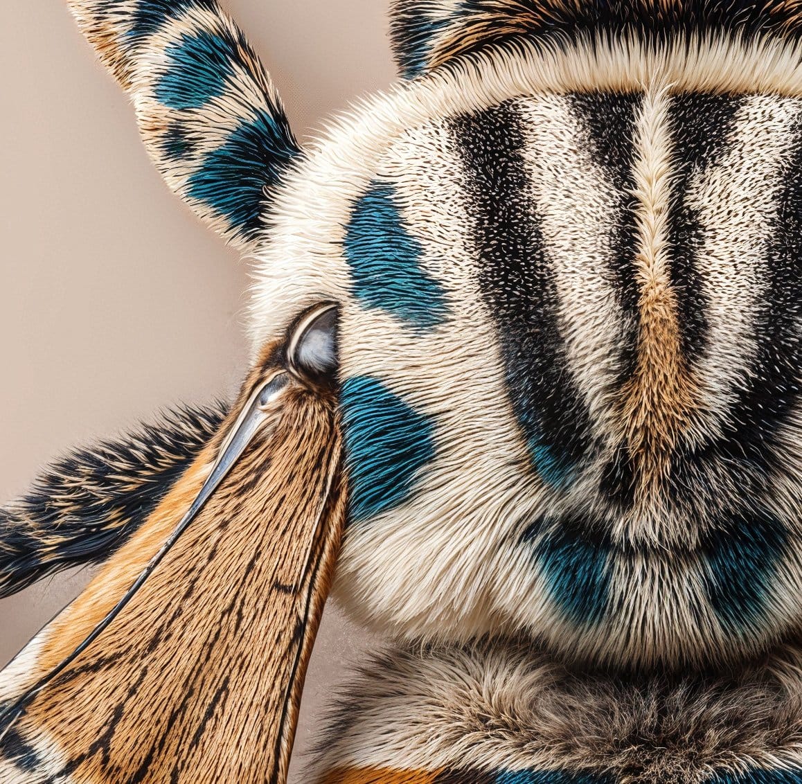 Extreme close-up of a bee artwork showing cream and black fur with teal markings and a striped antenna