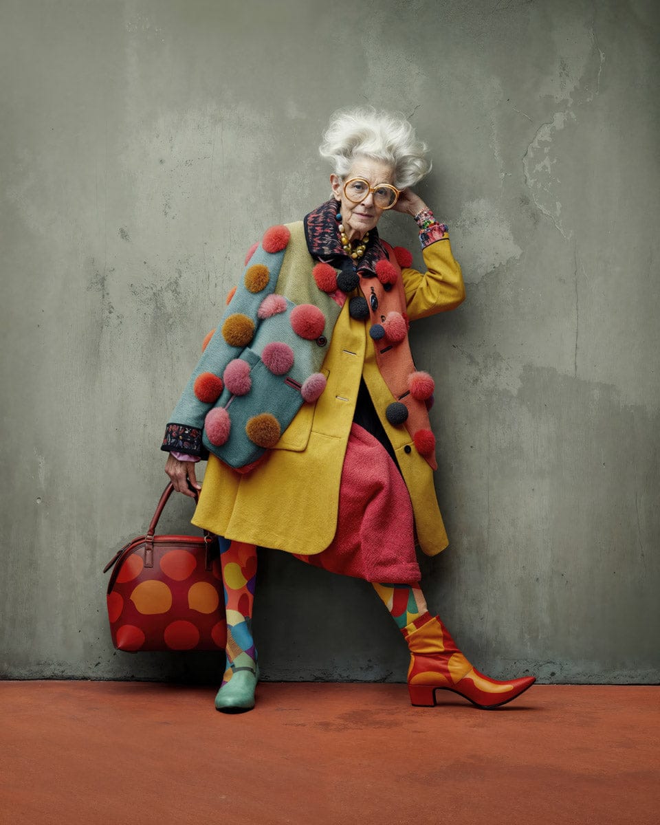 An elderly woman in a mustard coat covered in pom-poms, harlequin tights and orange cowboy boots, posing against a concrete wall