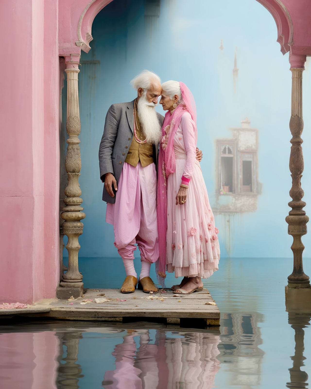 An elderly couple in pink and grey standing forehead to forehead on a wooden platform over still water, framed by a pink archway