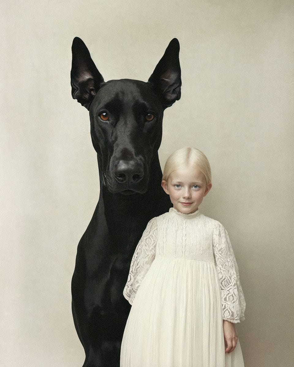 A small blonde child in a white lace dress standing beside a very large black Great Dane against a cream backdrop