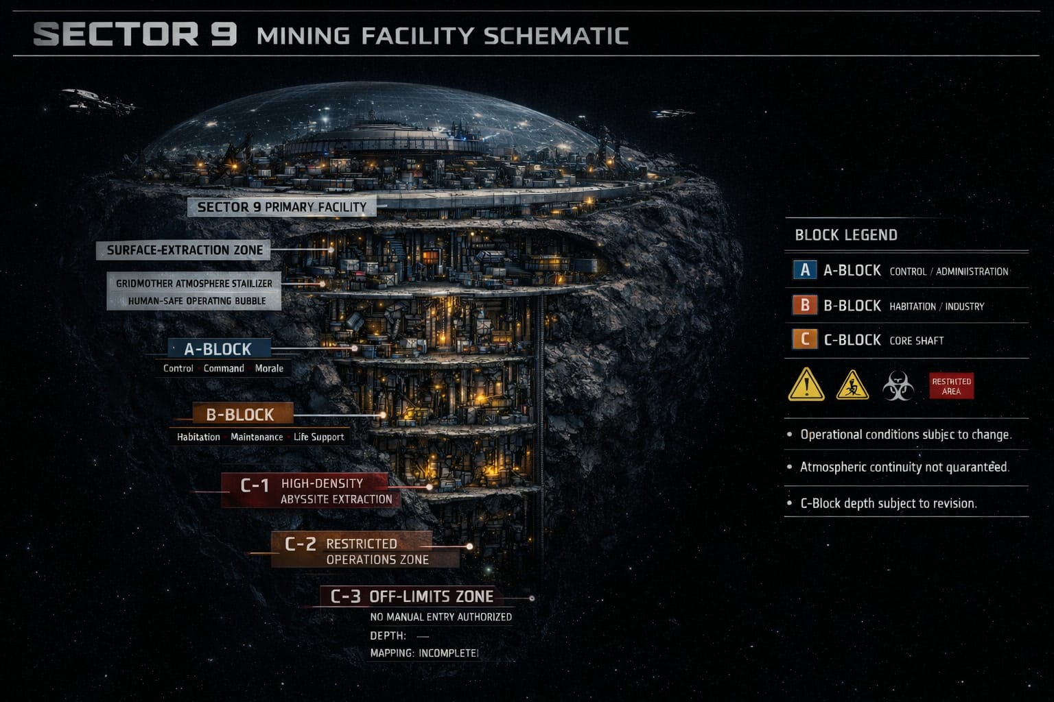 Cutaway schematic of the SECTOR 9 mining facility: a domed surface station above three descending levels, labelled A-Block control, B-Block habitation, and the C-Block core shaft ending in an off-limits zone marked "mapping incomplete".