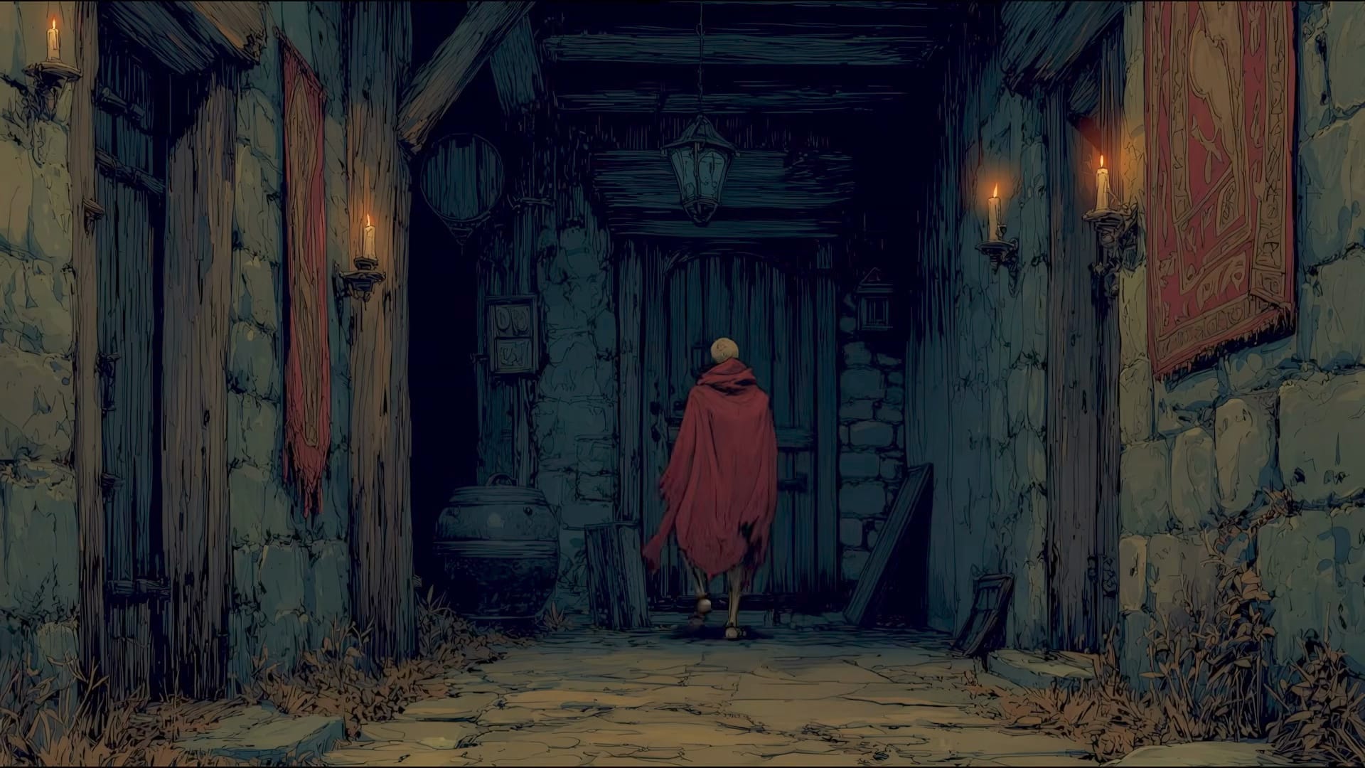 An inked illustration of a small red-cloaked figure walking away down a candlelit stone corridor hung with tapestries