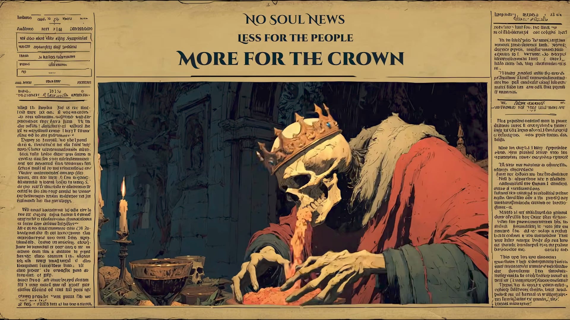 A mock newspaper spread reading NO SOUL NEWS, LESS FOR THE PEOPLE, MORE FOR THE CROWN, with an inked illustration of a crowned skeleton eating at a table